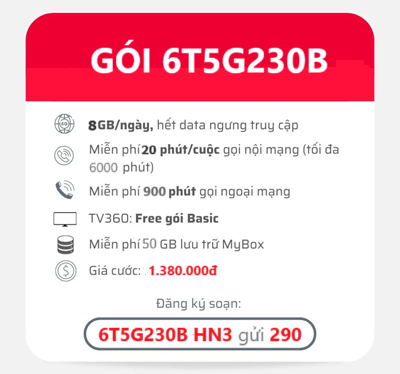 Ưu Đãi Đặc Biệt Gói Cước 6T5G230B Viettel Với Chu Kỳ 6 Tháng