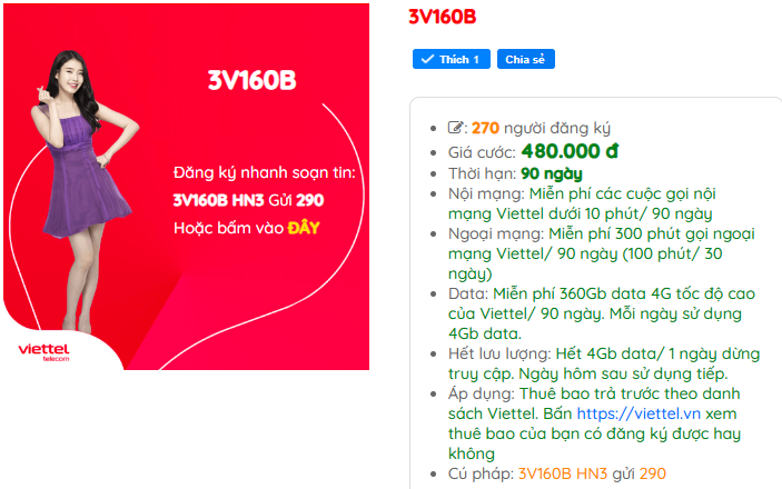 Gói cước 3V160B viettel