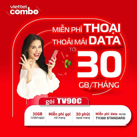 Miễn phí xem TV360 standard với gói TV90C Viettel - 30Gb data tốc độ cao và miễn phí gọi thoại